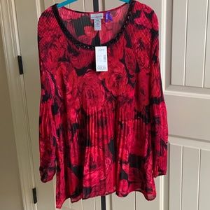 Catherines Plus Size Red/Black Floral Pleated Blouse 2x Petite